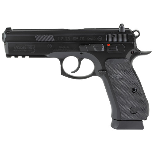 CZ 75 SP-01 50th Anniversary Elite 9mm, 4.6" Cold Hammer Forged Barrel,, Polycoat Finish, Black, Manual Safety, Rubber Grips, Fixed Sights, 19rd, 2 mags CZ 75 SP-01 50th Anniversary Elite 9mm, 4.6" Cold Hammer Forged Barrel,, Polycoat Finish, Black, Manual Safety, Rubber Grips, Fixed Sights, 19rd, 2 mags