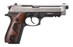 Taurus PT92 9mm, 5" Barrel, Tungsten Gray, Serrated, Black Cerakote, Beavertail, Picatinny Rail, Altamont Wood Grip, 17rd